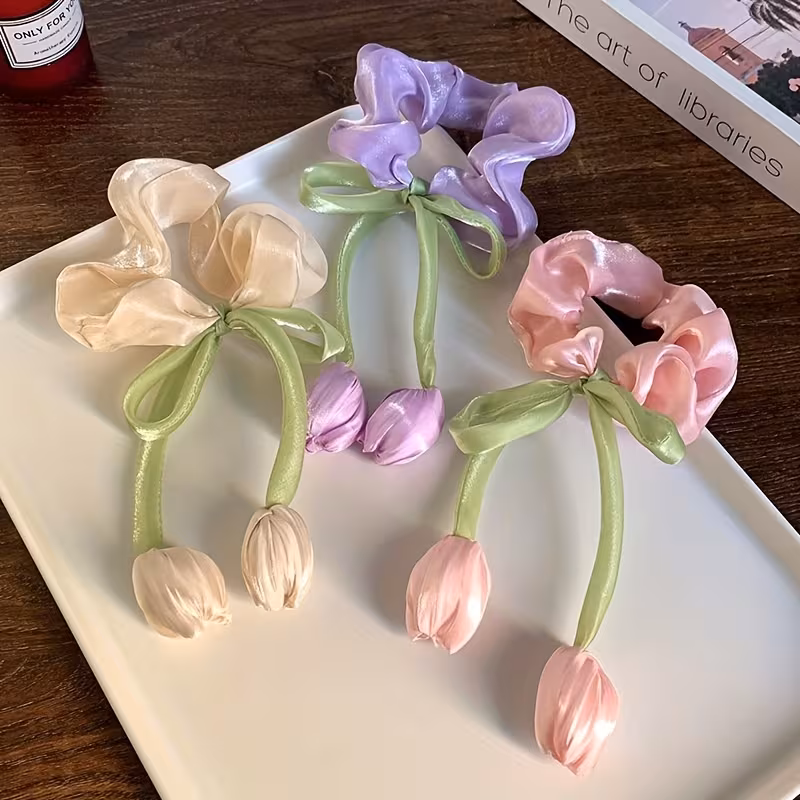 3pcs Elegant French Tulip Hair Ties - High Elasticity Acrylic Hair Bands with Colorful Tulips & Bow Design, Ideal Gift for Friends, Cute Hair Accessorie
