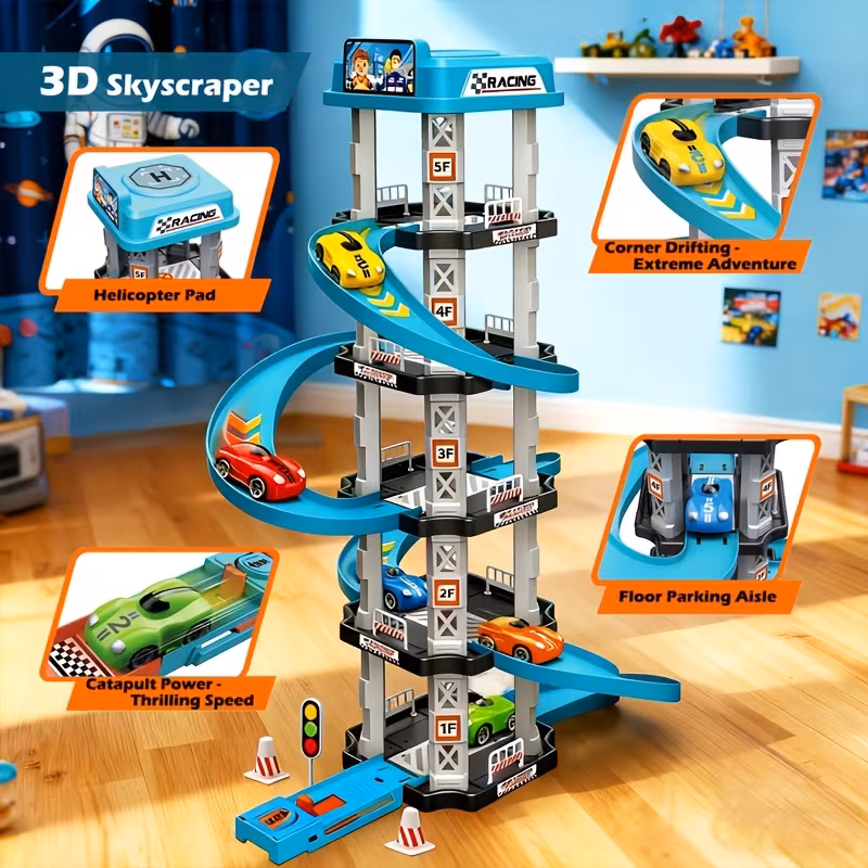 3D Multi-Layer Racing Track Set (Including 2 Racing Cars, Ejection Launchers, Drift Tracks, Helipads And Gas Stations) - Assembled Educational Toys to Cultivate Hand Eye Coordination And Thinking Ability, Suitable for Birthday And New Year Gifts