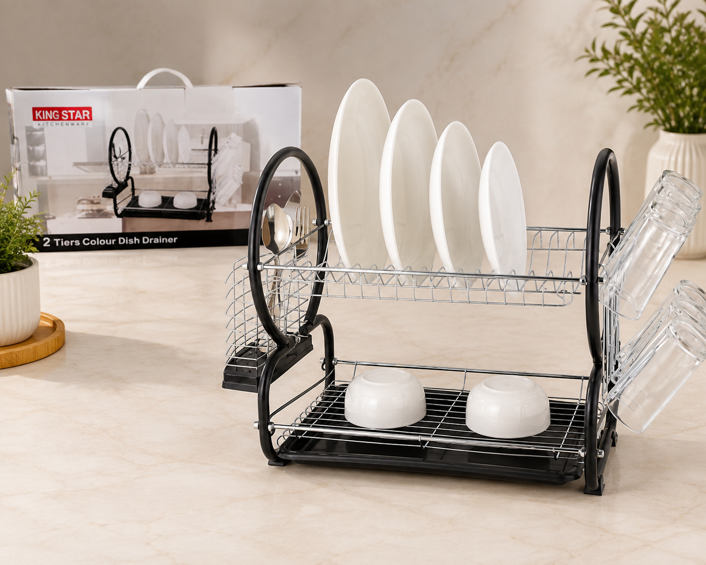 Tristar 2 Tier Dish Drainer Cutlery Rack with Drip Tray Black