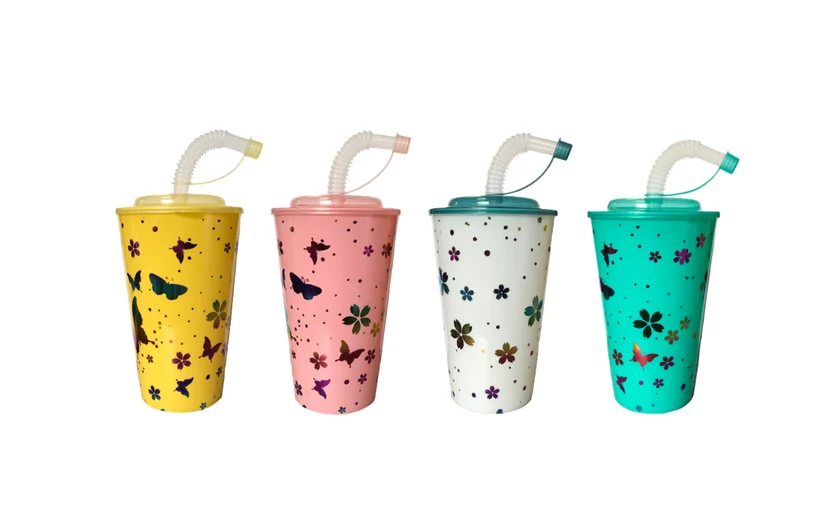 Reusable Plastic Juice Drinking Cup with Lid and Straw 500ml Assorted Colours