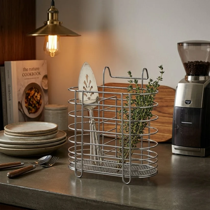 Metal Cutlery Holder Drainer Organiser with Hanging Hook 13 x 15 x 8 cm