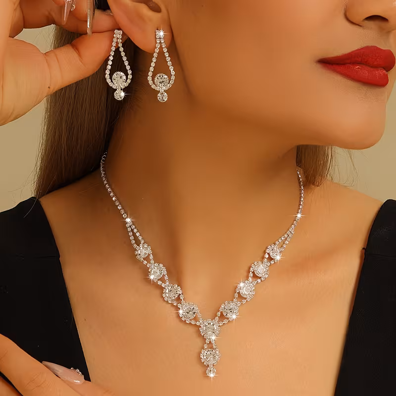 Handmade Jewelry Accessories 1 Pair of Earrings 1 Necklace Elegant Jewelry Set Plated with Silvery Inlaid with Shiny Suitable for Party, Ball Wedding, Gift