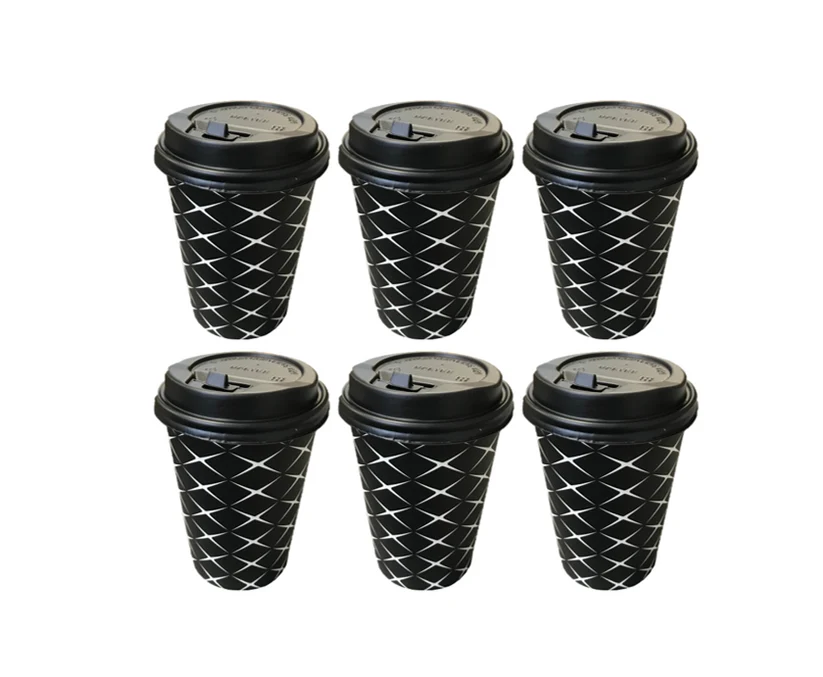 Black Paper Cup with Lid Printed Design 12oz Pack of 6 Assorted Designs