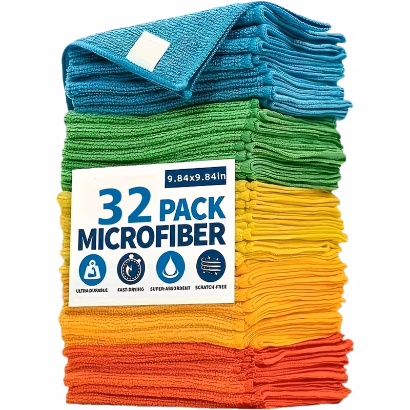 8/16/32-Pack Microfiber Cleaning Cloths - Reusable, Nonwoven, Super Absorbent, Non-Scratch Wipes for Dusting, Polishing, And Wiping in Kitchen, Car, Glass, Floors, And Furniture - Durable Household Cleaning Cloths