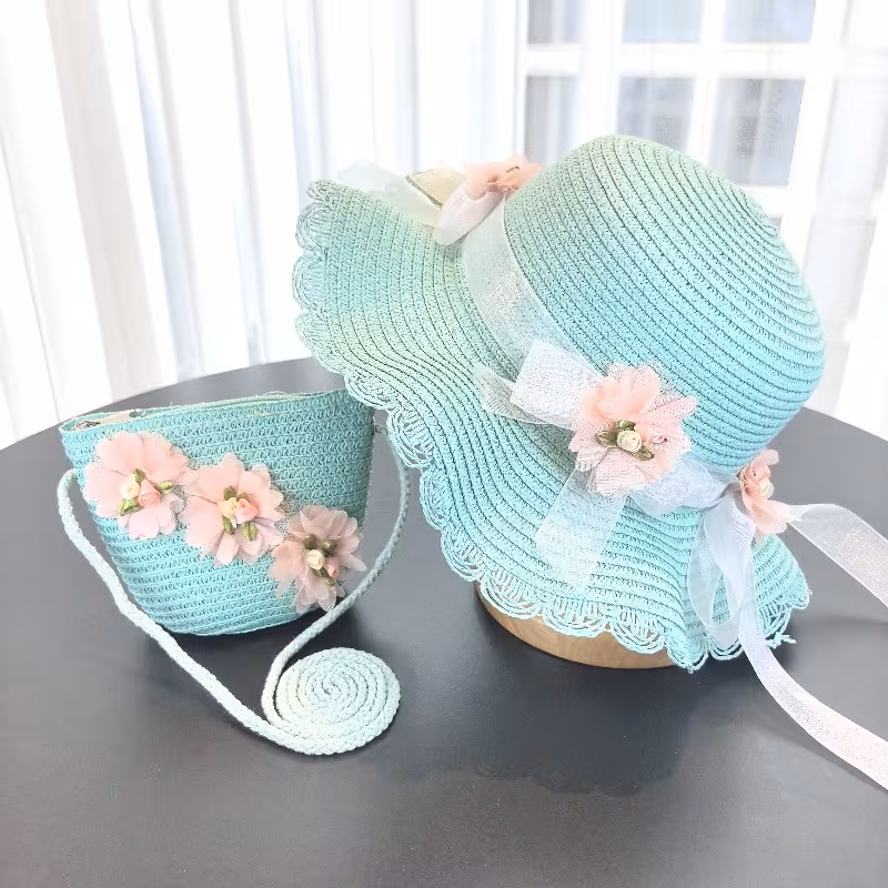 Two-Piece Straw Hat Set in a Solid Color, Perfect for Outdoor Travel. This Floral Fisherman Style Is a Trendy Accessory for Young Girls