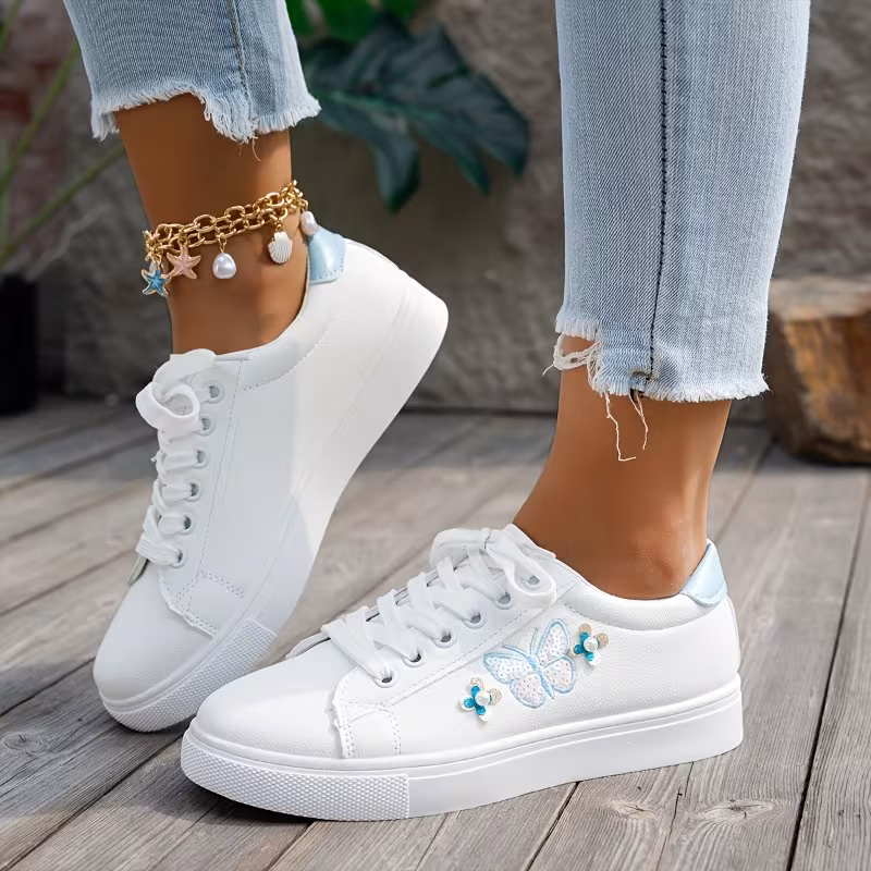 MINZHE YL Women's 3cm Low-Top Sneakers Suitable for - Wear, Faux Cover Lace-Up Shoes with Butterfly Pattern, Round Toe & Sole, Cushioned Comfortable for Casual, Office, Everyday Use - Minimalist, Women Shoes