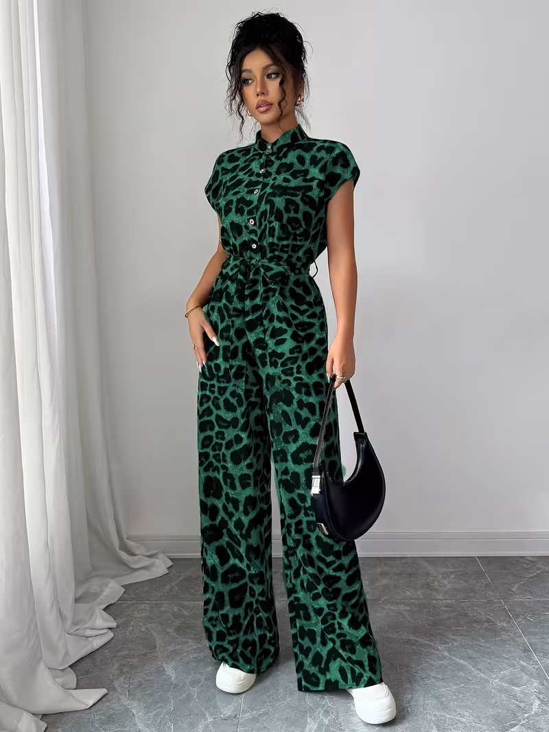 European and American Spring/Summer New Random Print Stand Collar Vacation Style Elegant Casual Belted Jumpsuit