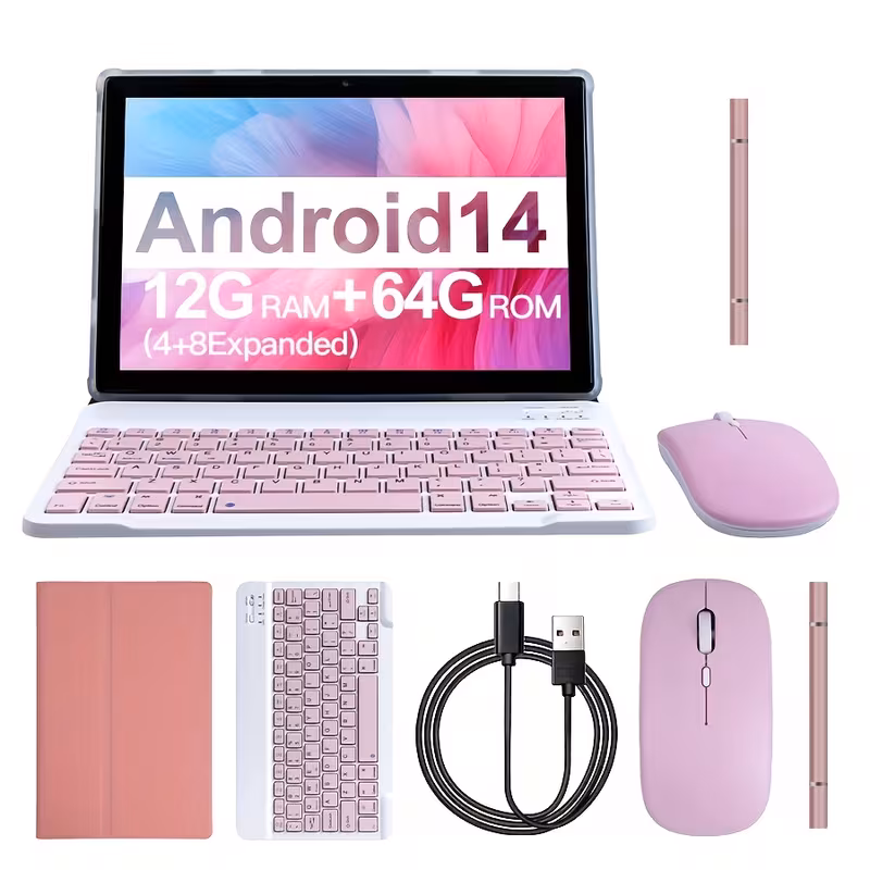 Tablet 10.1-inch Android 14 Operating System Tablet, 2-in-1 Tablet with Keyboard, Mouse, Protective Case, Stylus, 64GB ROM+(4GB+8GB Expansion)12GB RAM, 5MP Dual Camera, 8-core Processor, 1280 * 800IPS High-definition Display, 5G Wi Fi 6