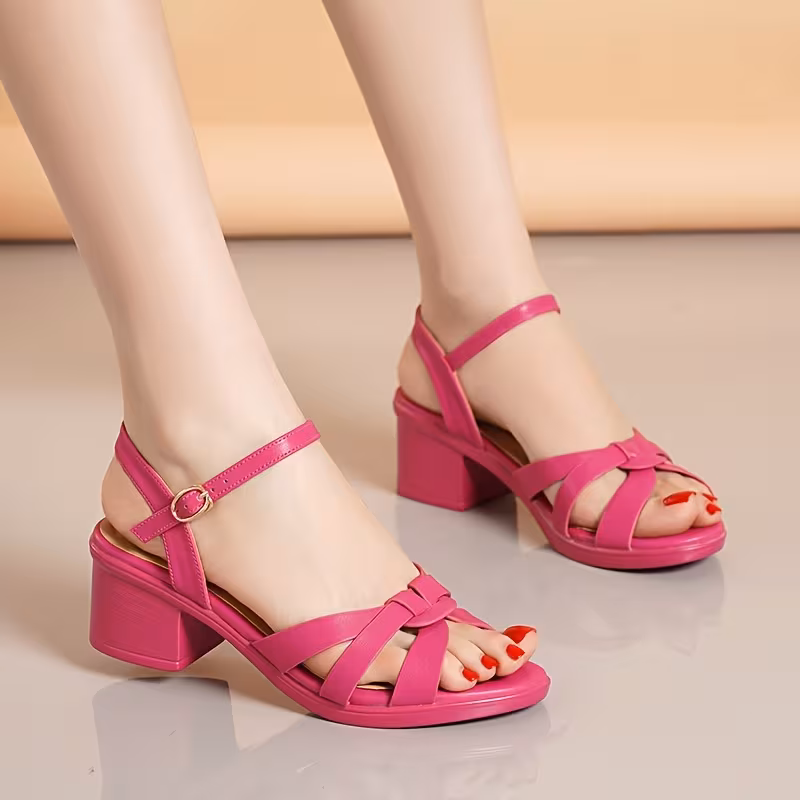 Summer Rose Red Women's Sandals with Chunky Heels, Fashionable Open-Toe Ankle Strap Sandals with Single Strap, Women Shoes