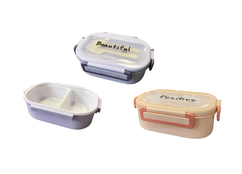 Plastic 2 Compartment Lunch Box with Cutlery 21 x 15 x 7 cm Assorted Colours