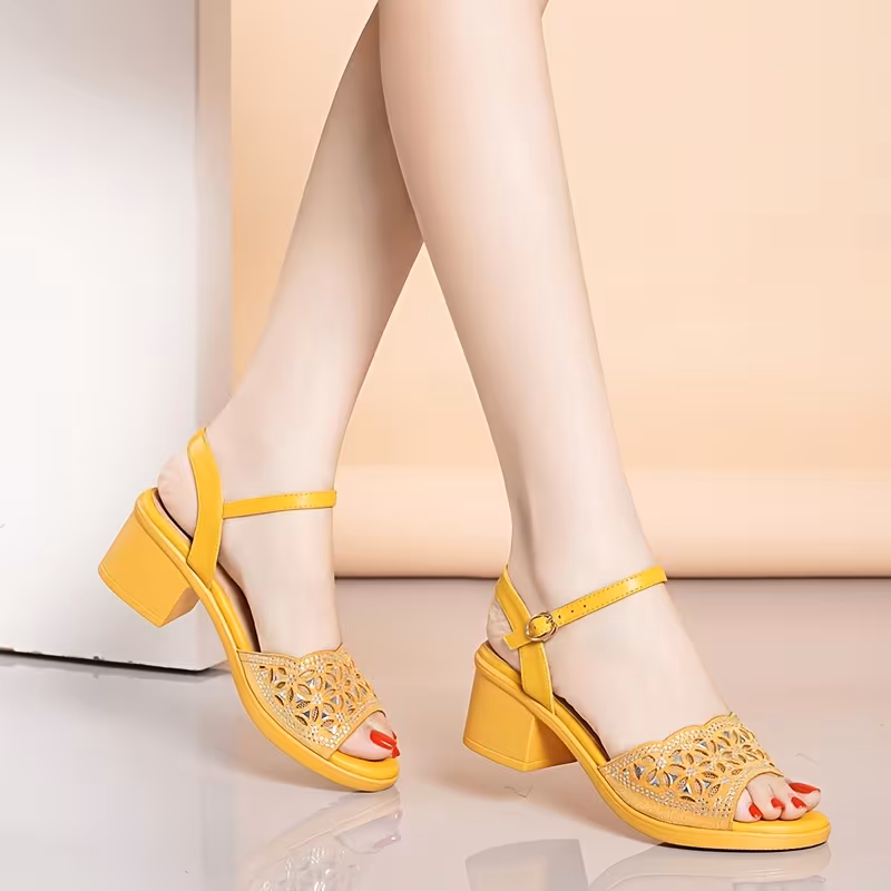 Women's Chunky Heel Sandals, Summer Fish Mouth Shoes, Versatile Fashion Rhinestone Women's Shoes, Elegant Yellow Mesh High Heel Sandals, Women Shoes