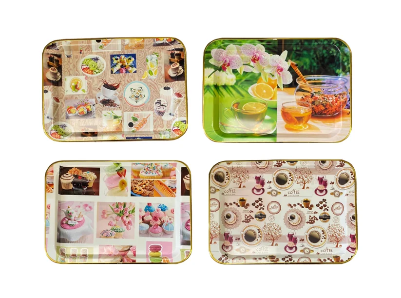 Plastic Rectangle Coffee Tea Serving Tray with Printed Design 45 x 32 x 2cm Assorted Designs