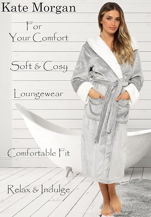 KATE MORGAN Ladies Dressing Gown Fluffy Super Soft Hooded Bathrobe for Women Plush Fleece Perfect Loungewear Long Robe | Gifts for Women