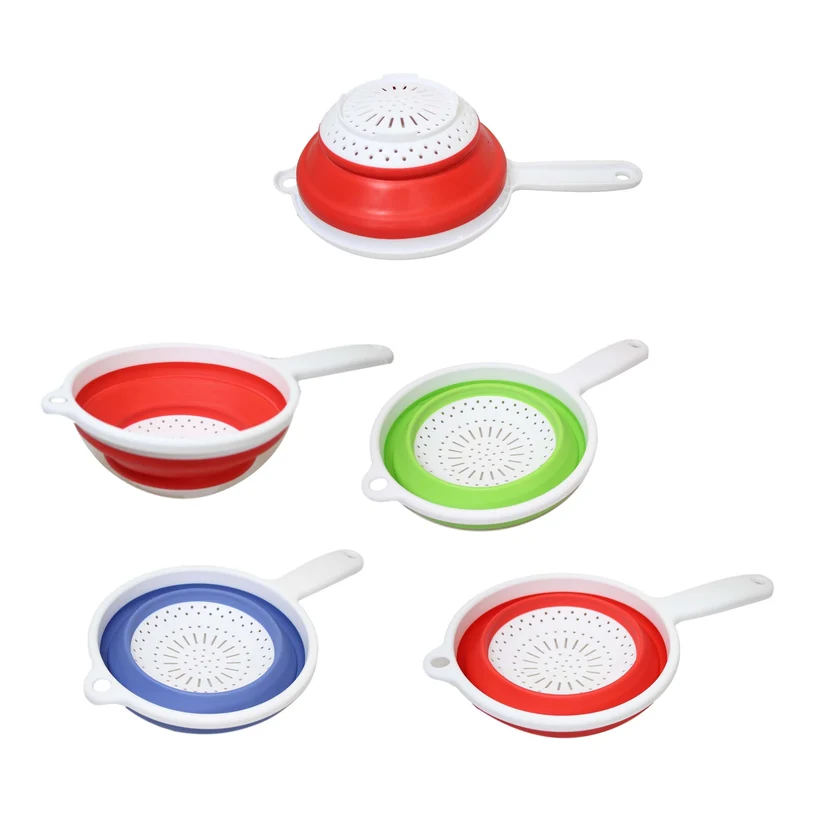 Silicone Plastic Kitchen Collapsible Colander Strainer 3 Colours 2 in 1 Strainer
