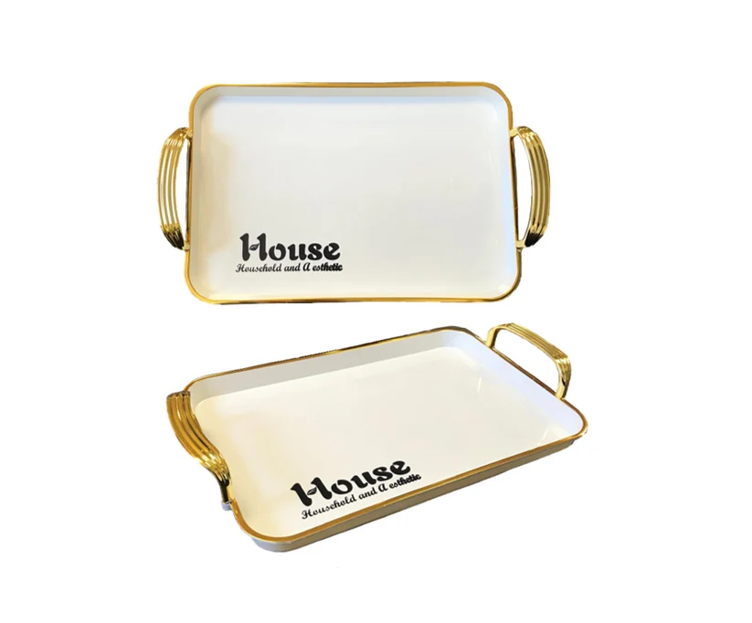 Rectangular Serving Tray with Gold Rim and Handles 38.5 x 28 x 2.5 cm