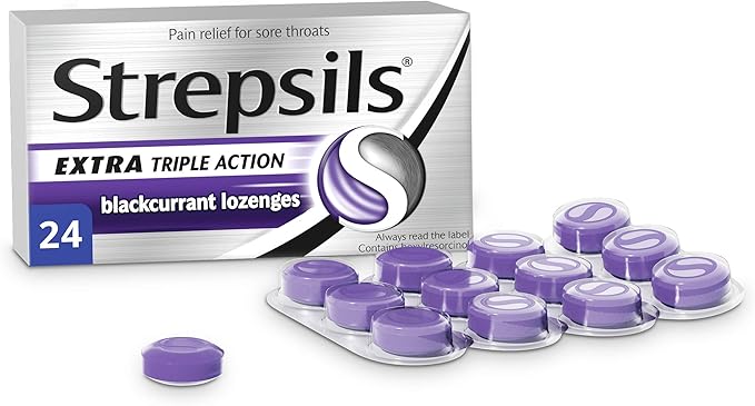Strepsils Extra Triple Action, Sore Throat Lozenges, Blackcurrant, 24 Total, Soothes Sore Throat, Pain Relief, Numbs Pain, Relieves Germs, Fast Acting, Up To 2 Hours Relief, Sore Throat, Medication (Pack of 2)