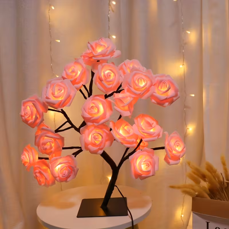 Shenzhi Tech USB-Powered LED Rose Tree Lamp with Flower - Plug-in Night Light Suitable for Home, Desk Decor, Bedside, for &, USB Operation (No)