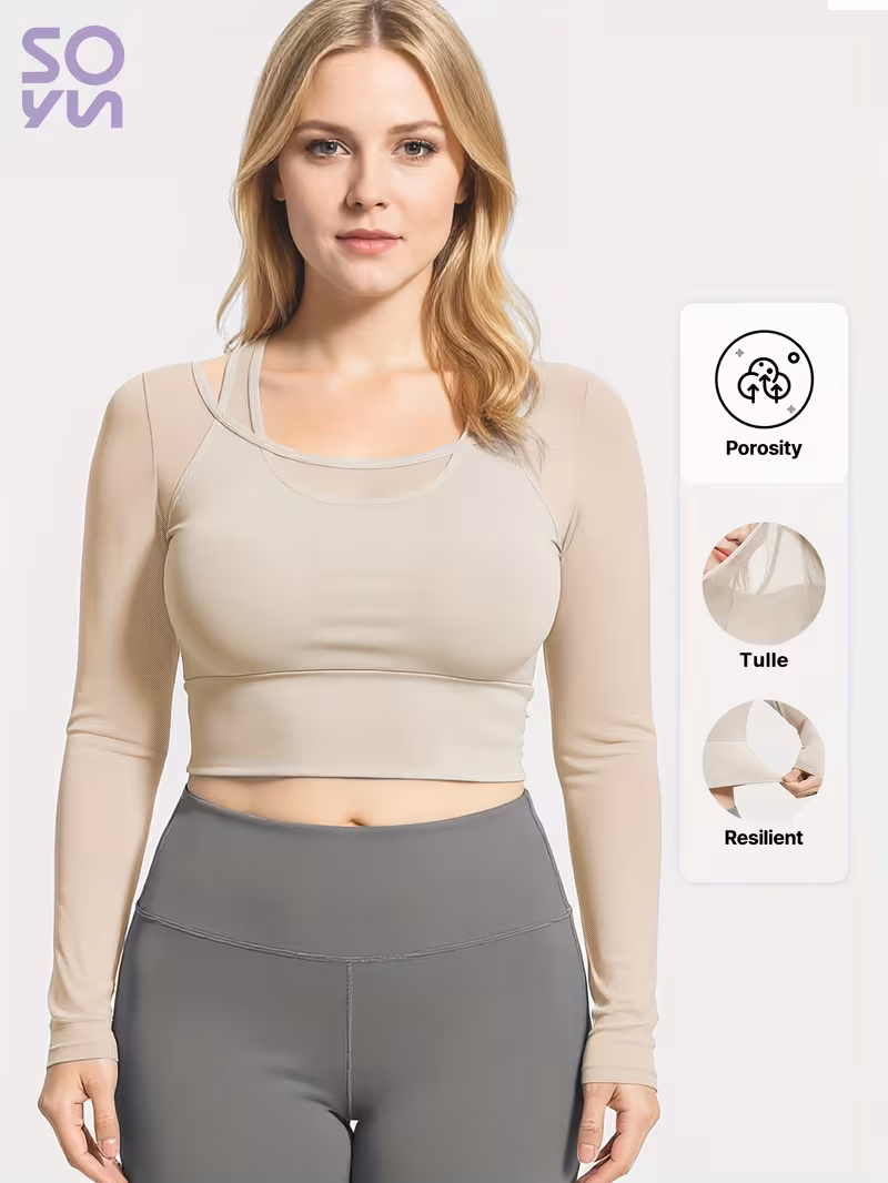 Soyun Women's Mesh 2-in-1 Look Long Sleeve Yoga Top with Chest Pad, Fitness T-Shirt, Design, Suitable for Yoga, Running, Fitness, Sports, Cycling