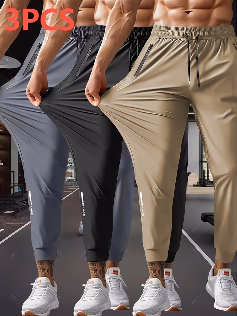 3pcs Men'S Breathable Elastic Running Shorts Set with Zipper Pockets And Drawstring Waistband - Lightweight Nylon Blend, Suitable for Gym, Outdoor Hiking, Dates, And Casual Use All-Season Casual Wear (Gray, Khaki, Black)