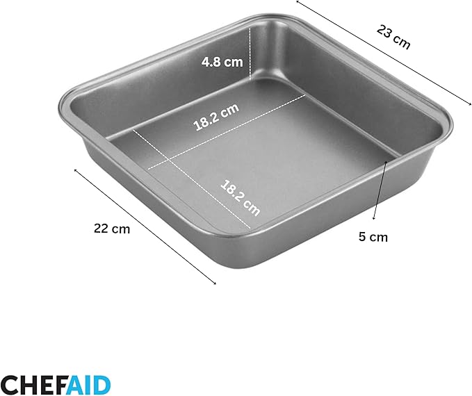 Chef Aid 20cm Non-Stick Square Cake Tin, Carbon Steel Cake pan with Even Heat Distribution, Ideal for All Cake Styles and Perfect for Traditional Tray Bakes of Lasagne or Shepherds Pie