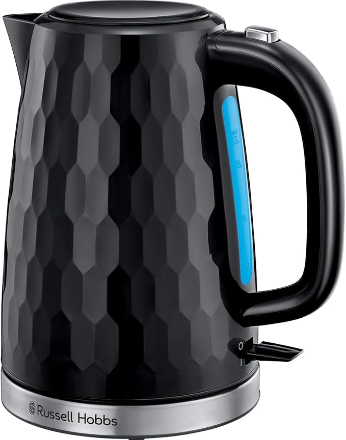 Russell Hobbs Honeycomb Electric 1.7L Cordless Kettle (Fast Boil 3KW, Black premium plastic, matt & high gloss finish, Removable washable anti-scale filter, Push button lid