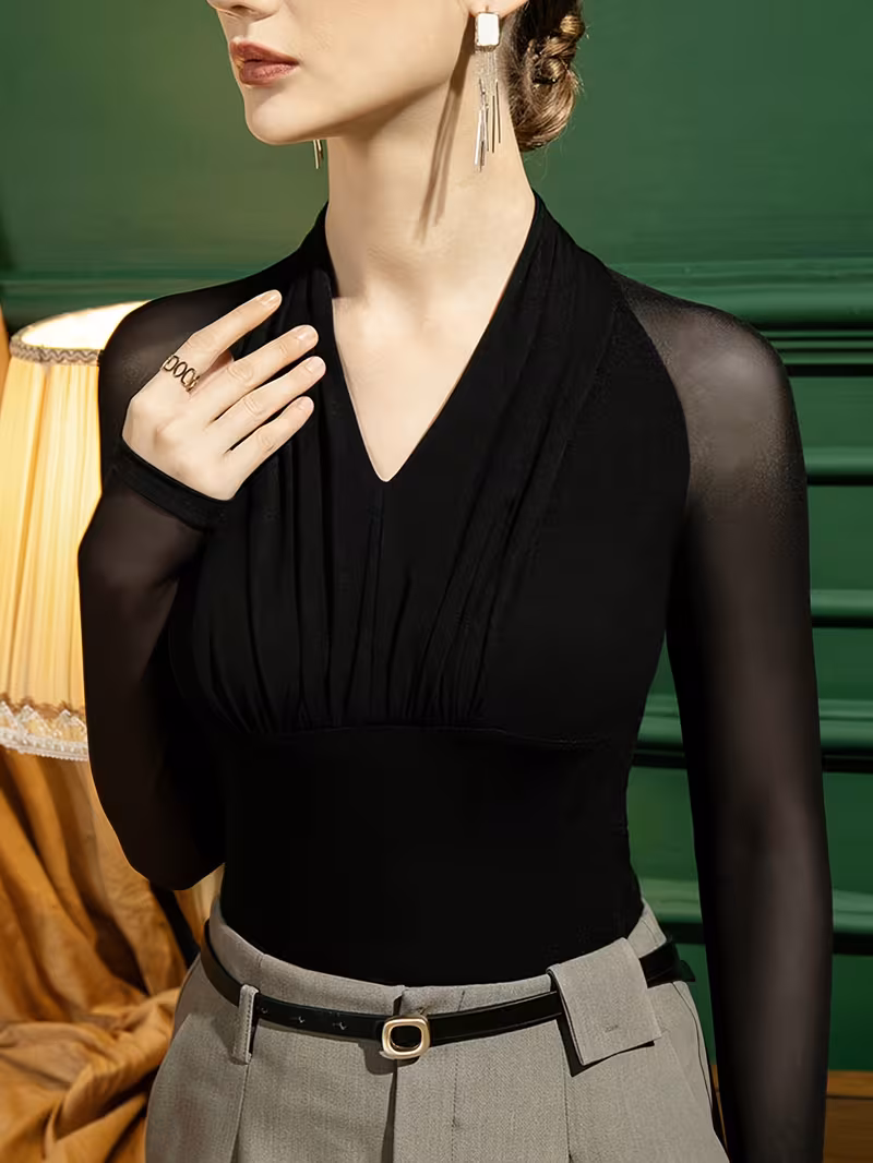 Women's Sexy Long-Sleeve Mesh Panel V-Neck Fashionable Top for Outerwear, Comfortable
