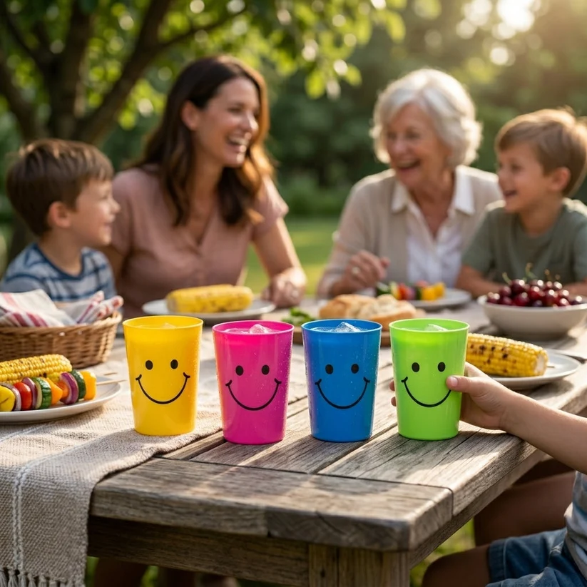 Plastic Smiley Face Glasses Cups Pack of 4 Assorted Colours