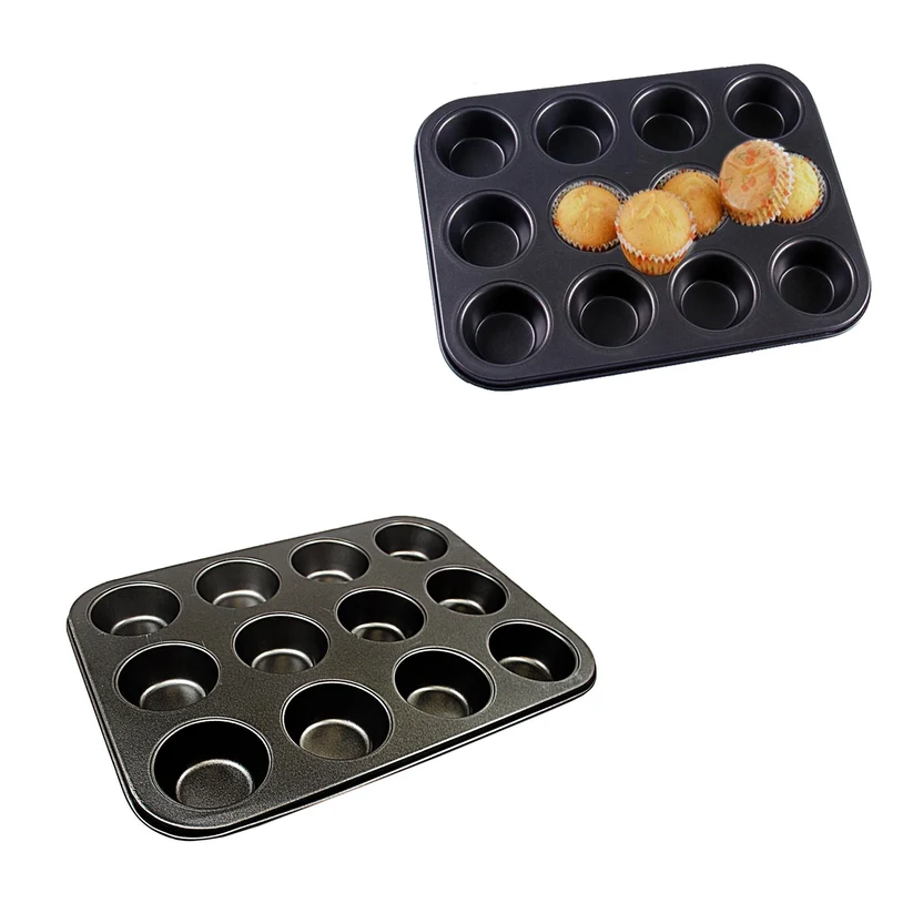 Metal Muffin Cupcake Baking Tray 12 Cups 26 x 35 cm Black