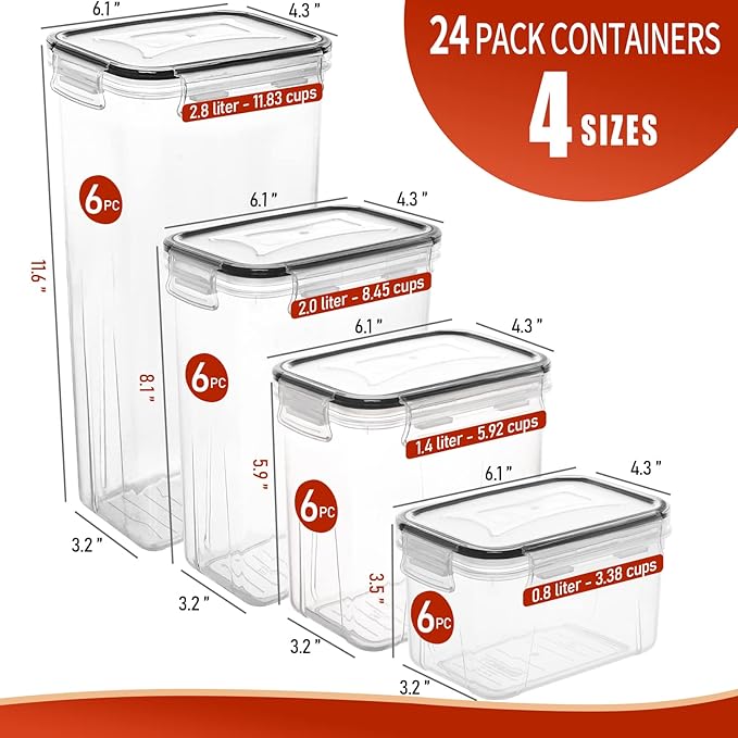 Skroam 24 Pack Airtight Food Storage Containers with Lids for Kitchen Pantry Organizers and storage, Plastic Canister Set for Cereal, Pasta, Flour & Sugar - Spoon Set, Labels & Marker.
