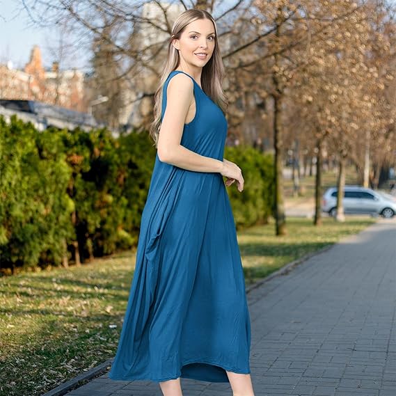 janisramone® Womens Parachute Italian Lagenlook Midi Dress, Sleeveless Round Neck Stretchy Tulip Dress, Plain Long Summer Dresses for Women UK, Casual & Holiday Ladies Midi Dresses