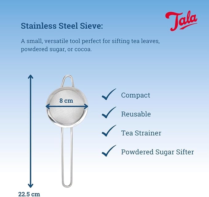 Tala Stainless Steel Sieve, 8 cm Diameter with Fine Mesh, Perfect for Loose Tea, Dusting Cakes and rinsing Single portions of Pulse Beans