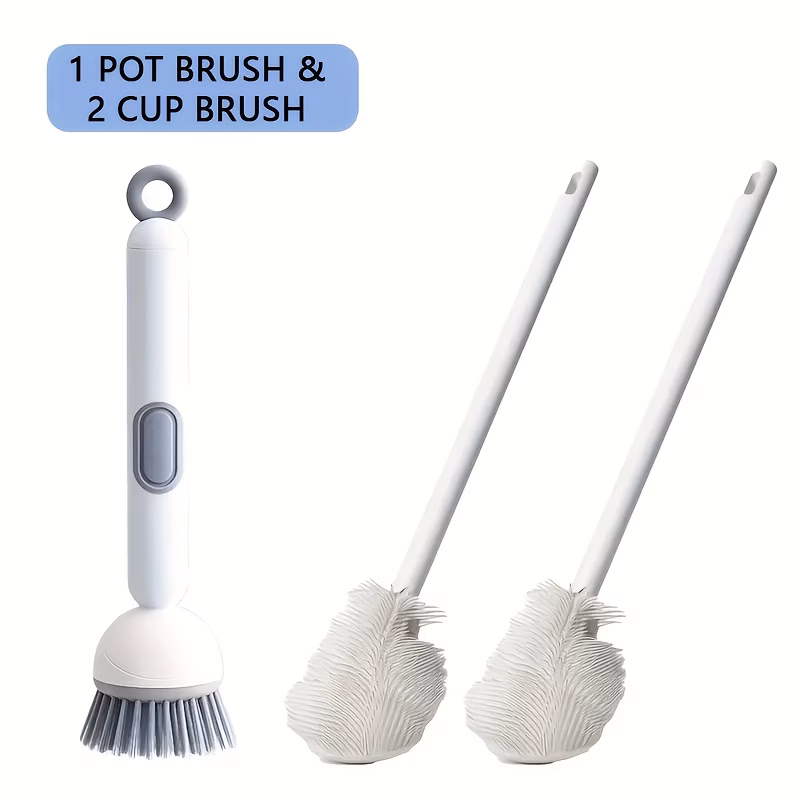 Dish Brush Set: Rotating Brush with Detergent Dispenser + 2 Long-Handled 90° Cup Brushes, Multi-Functional Kitchen Cleaning Set, Easily Removes Grease, Stubborn Stains And Dead Corners