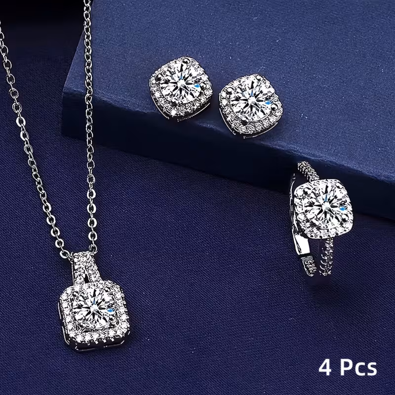 4pcs Sparkling Cube Zirconia Water Jewelry Set! Necklace Pendants, Rings, And Earrings, Delicately Cut to Shine Brightly, Fashionable And Versatile, Making Them an Excellent Choice for Easily Handling Various Occasions And Enhancing Charm!