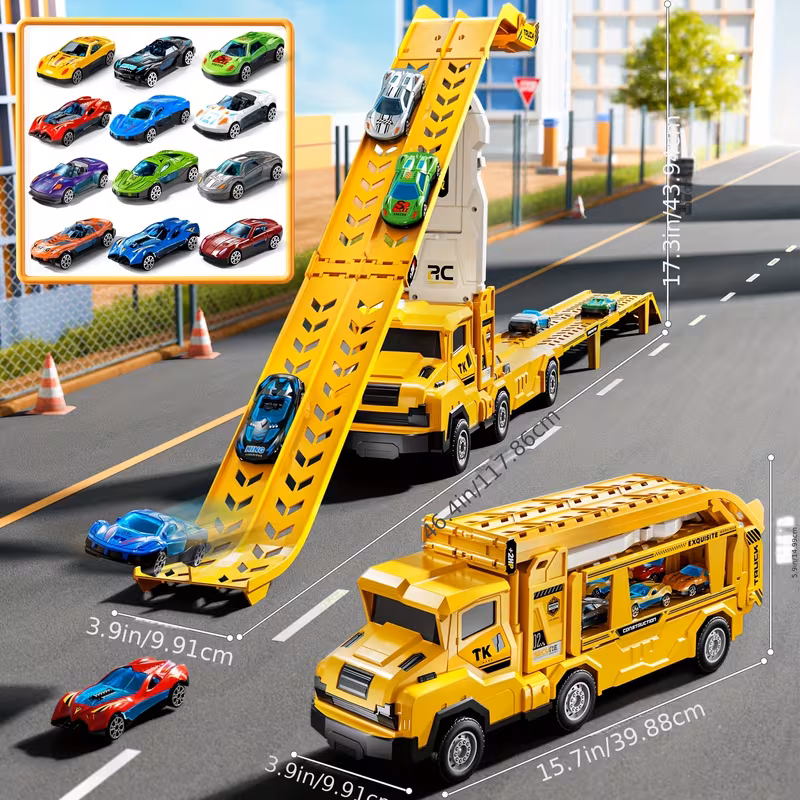 2-in-1 Foldable Car Transport Box for Trucks, Equipped with Double-Track Race Track, 12 Cast-Iron Cars, with Catapult Plastic Structure, for Children Aged 3+, Birthday and Holiday Gift. Accessory Colors Are Random.
