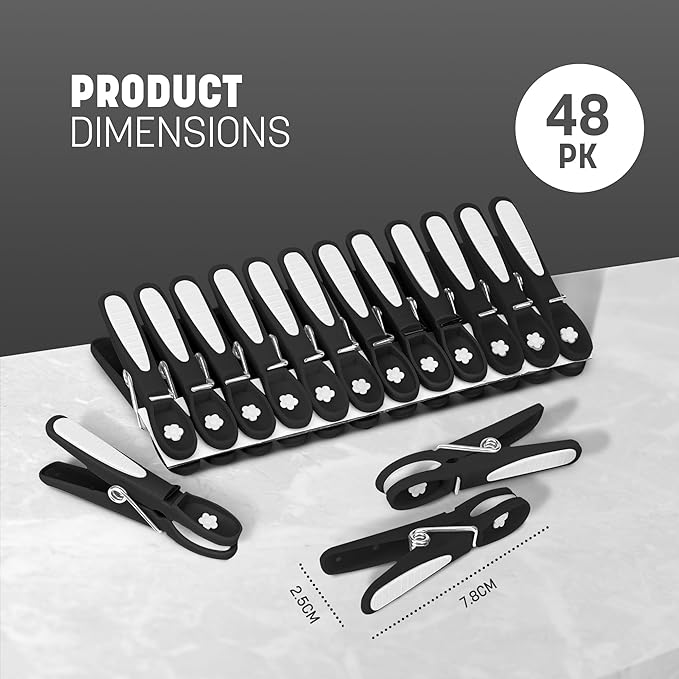 KEPLIN Clothes Pegs for Washing Line - 48 Pack (Black), Washing Line Pegs with Metal Spring for Strong Grip, Washing Pegs Designed to Avoid Marks, UV Resistant for Indoor & Outdoor