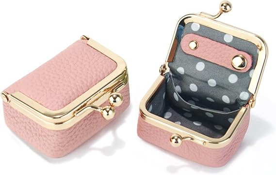 Genuine Leather Mini Jewelry Box Coin Purse for Women,Solid Color Kiss Lock Jewelry Case Organizer,Mini Travel Ring Box, Pink, Pouch