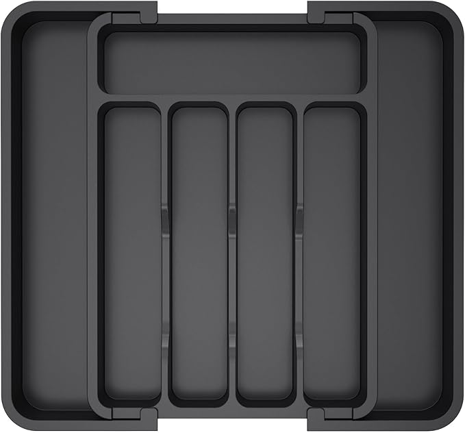 Lifewit Extendable Cutlery Drawer Organiser, Adjustable Cutlery Tray, Plastic Adjustable Kitchen Storage Dividers for Utensil Spoons Forks Knives, 7 Compartments, 22-36 x 30cm, Black